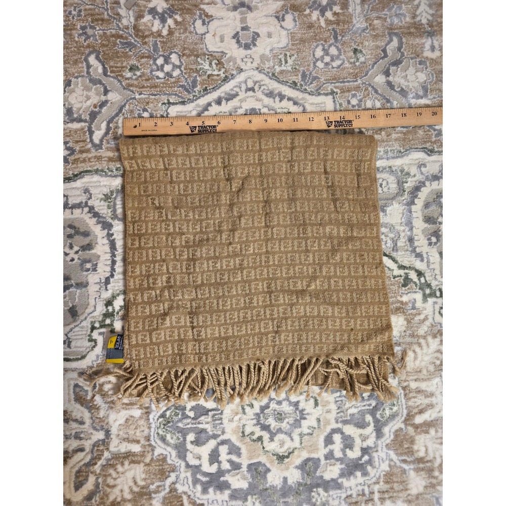 Fendi Zucca Monogram Scarf Tan Beige FF Logo Fringe Trim Rectangle Luxury Scarf - Picture 10 of 16